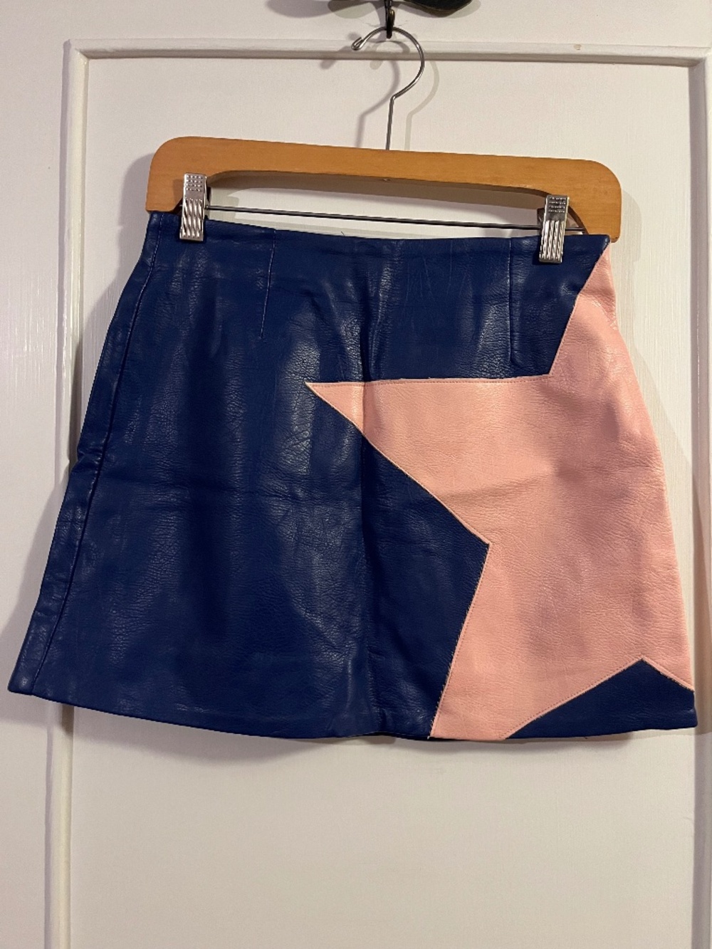 Blue and Pink Faux Leather Skirt with Star Design, Signature Eight, Size Small